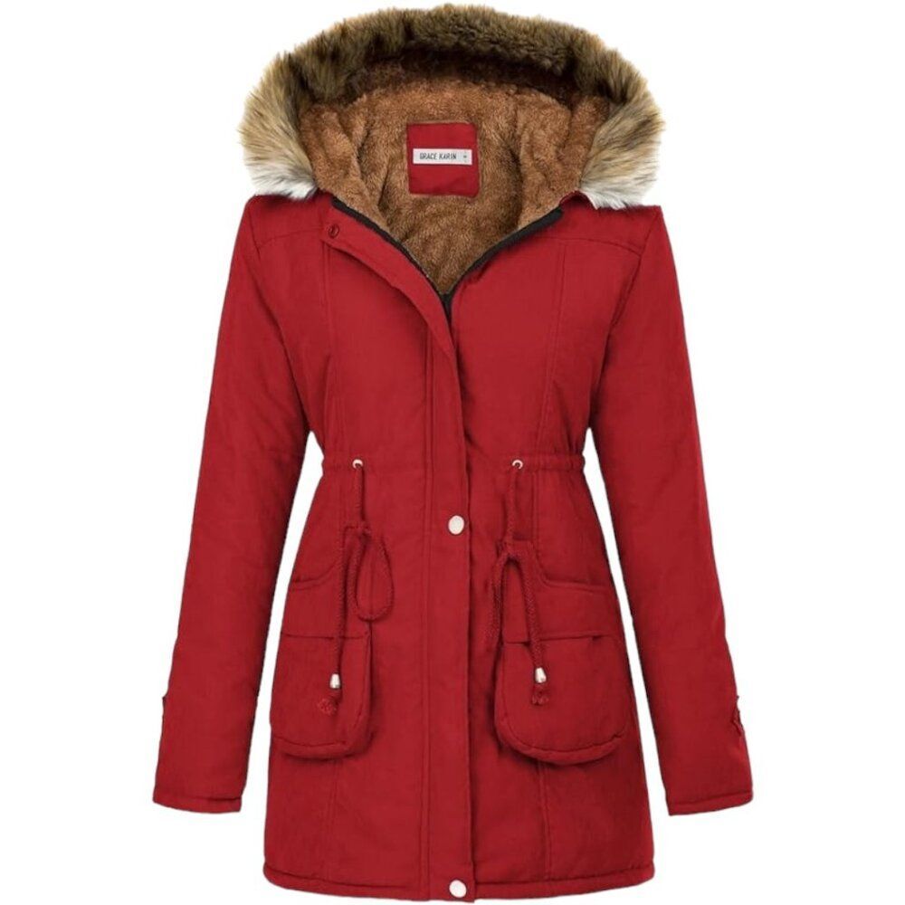 Grace Karin Women's M Red Fleece Parka Anorak Hooded Military Jacket Coat